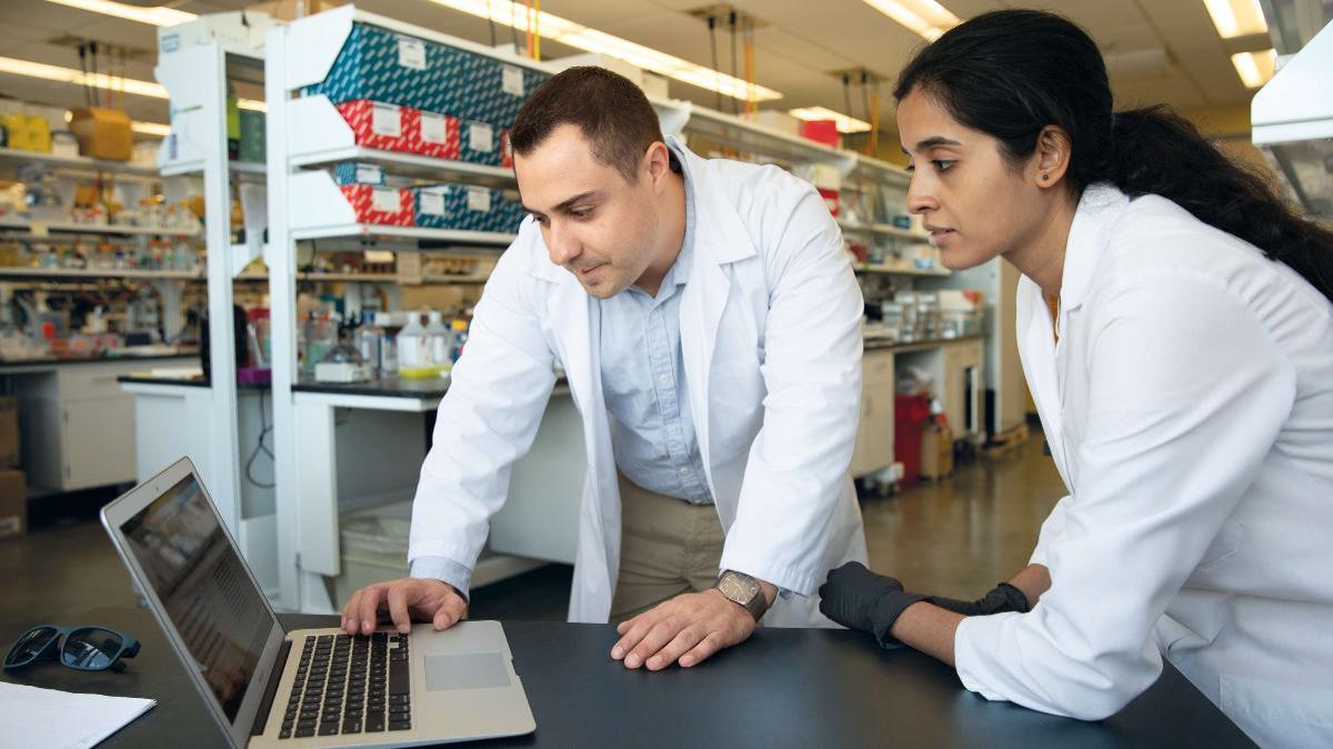 Couple of colleagues looking at a laptop screen in lab in Houston