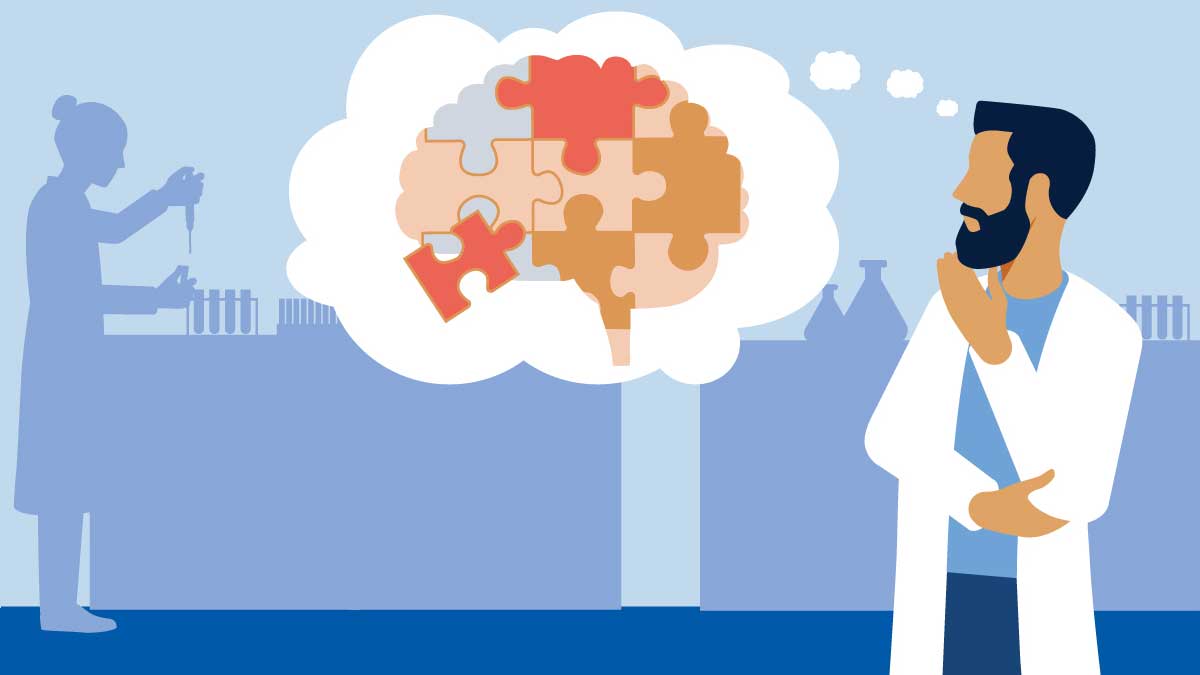 man in lab thinking about puzzle game illustration