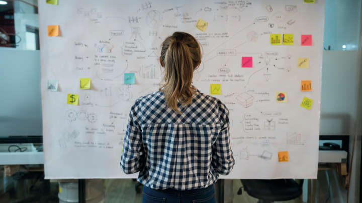 Woman in front of business plan