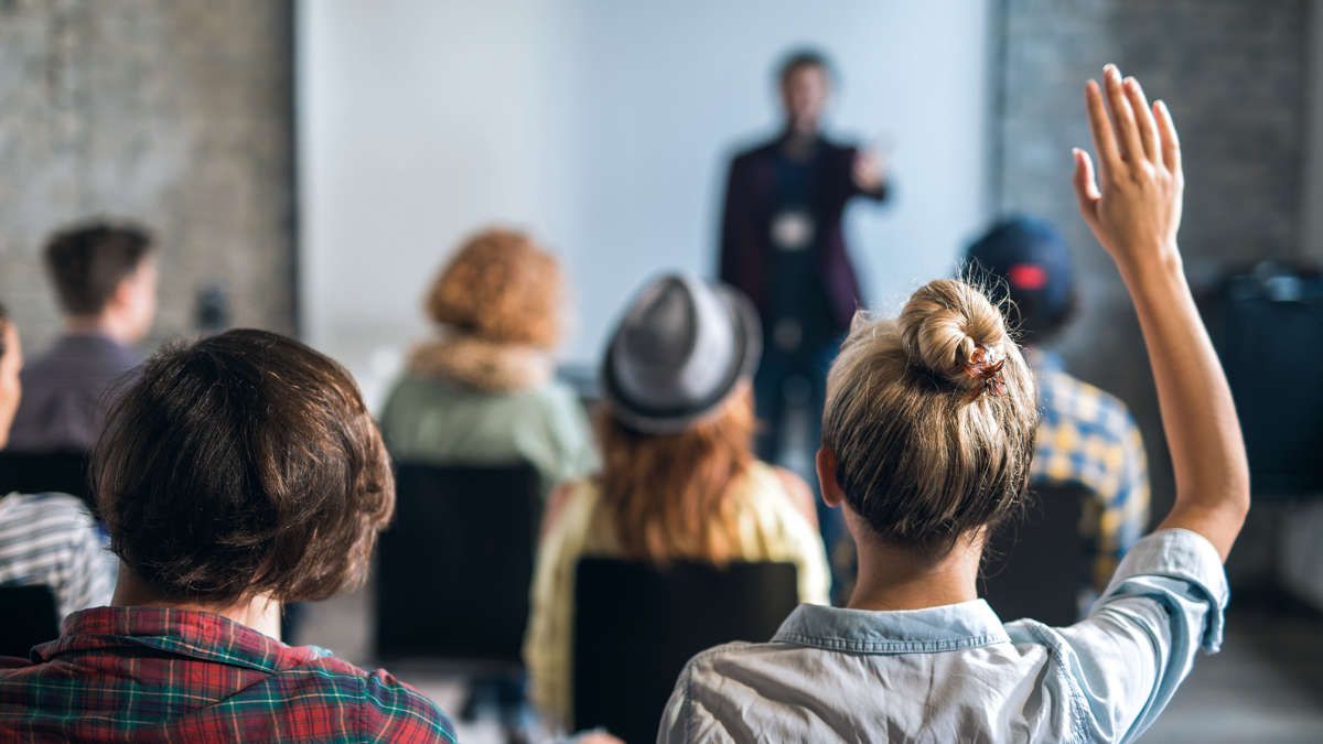 lecture, class, hand raise, student, professor, teacher, question, answer, event