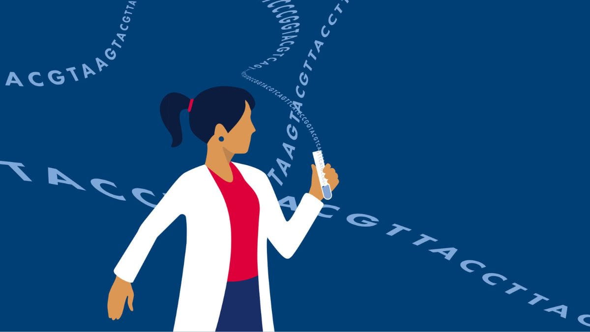 Female scientist holding sample that turns into genetic code